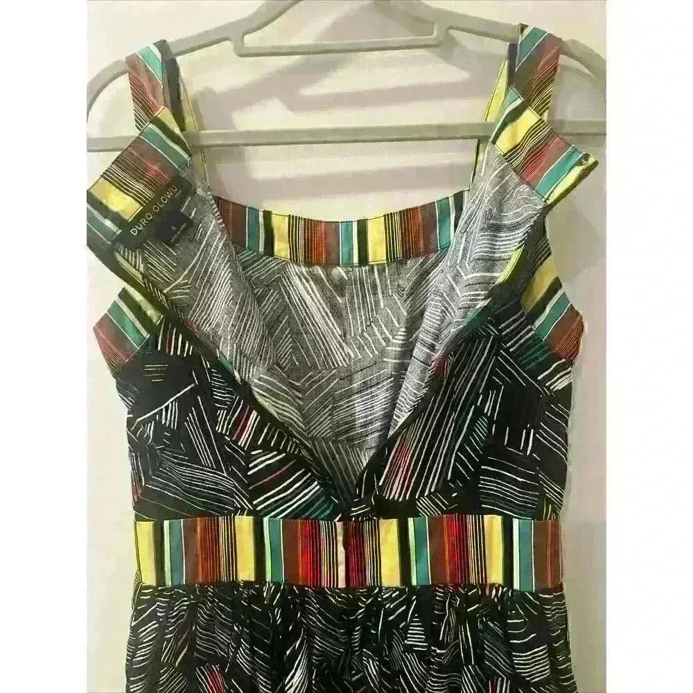 Duro Olowu Womens Size 4 African Print Cotton Sleeveless Fit Flare Dress Black - Image 7