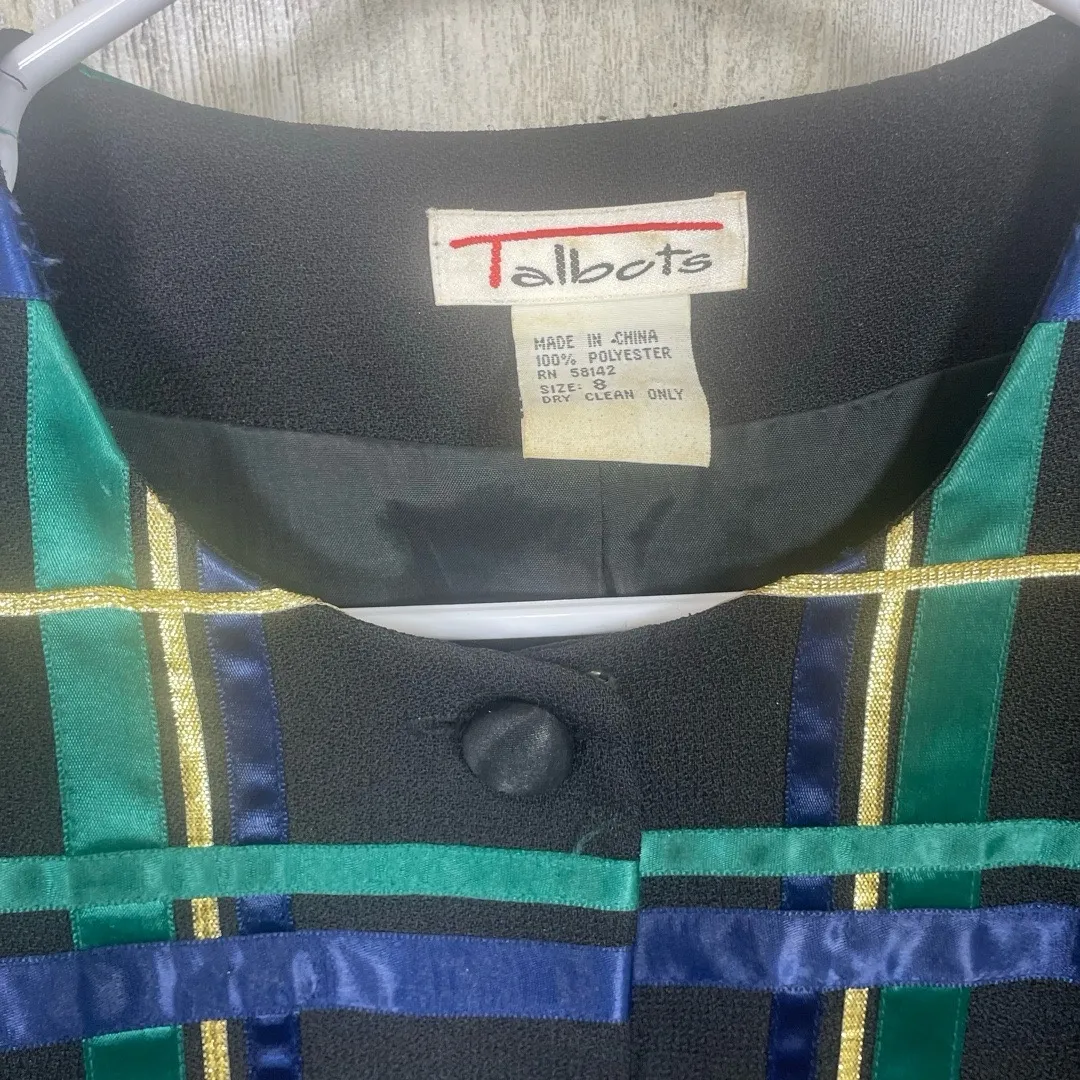 Talbots Vintage Black Multi Plaid Ribbon Jacket size 8 Christmas Holiday Festive - Image 2