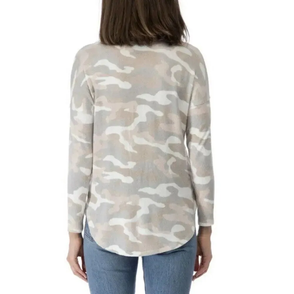 Bobeau Soft Camo Print V-Neck Sweater Top Long Sleeve Blouse Shirt Knit Cream XS - Image 2