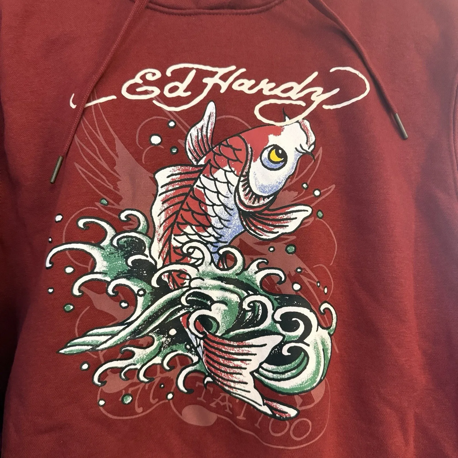 Ed Hardy Hoodie Koi Fish Cropped Women’s LG Brick Red Sleeve Spellout Y2K Skater - Image 2