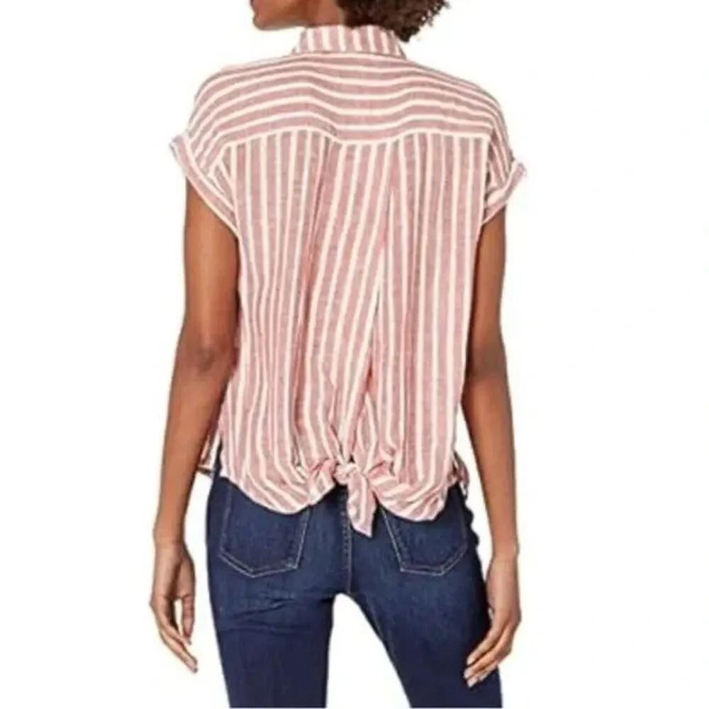 Lucky Brand Pink White Striped Collared Short Sleeve Tie Hem Linen Top Size S - Image 2