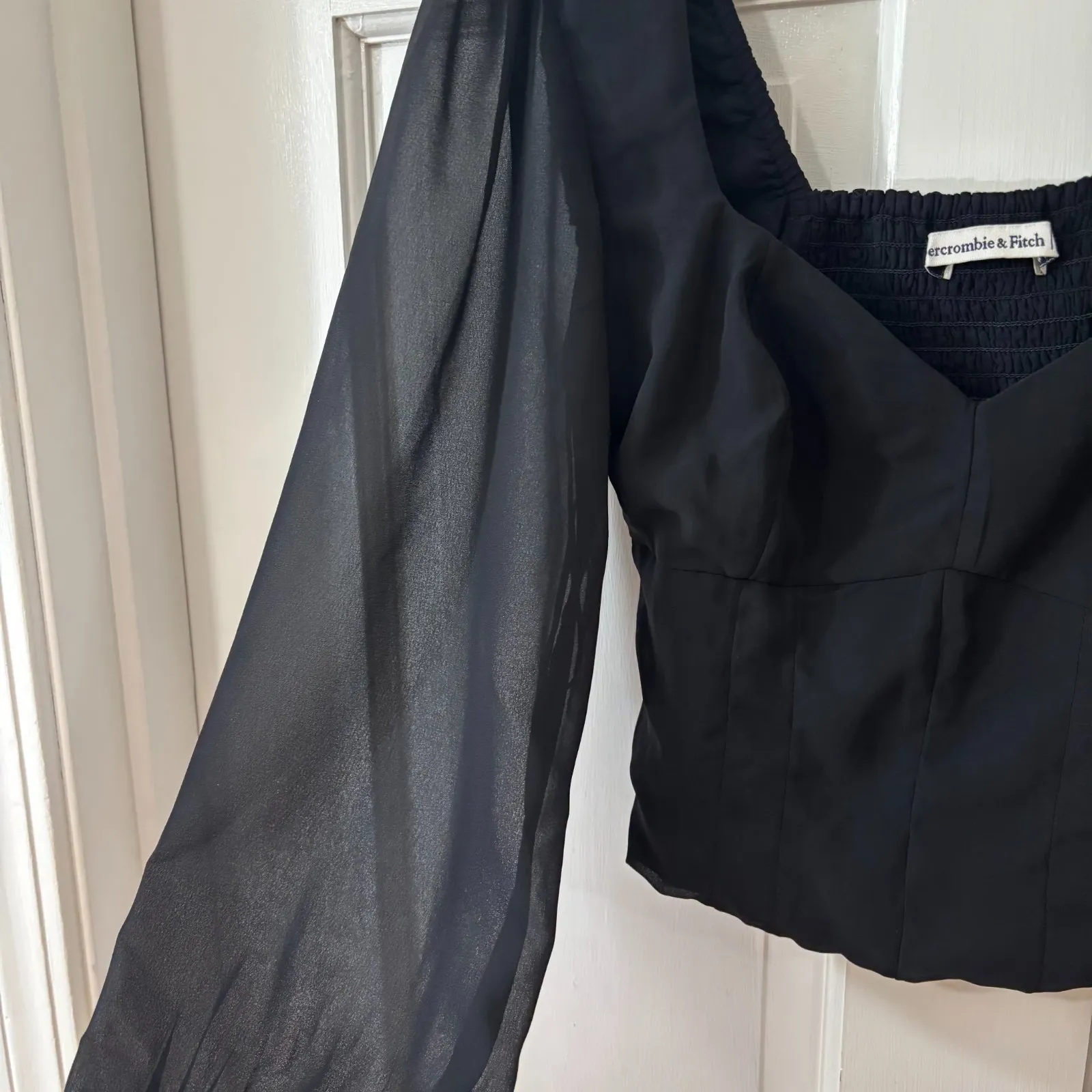 Abercrombie & Fitch Black Whimsygoth Baddie Smocked Sheer Sleeve Crop Blouse XXS - Image 3