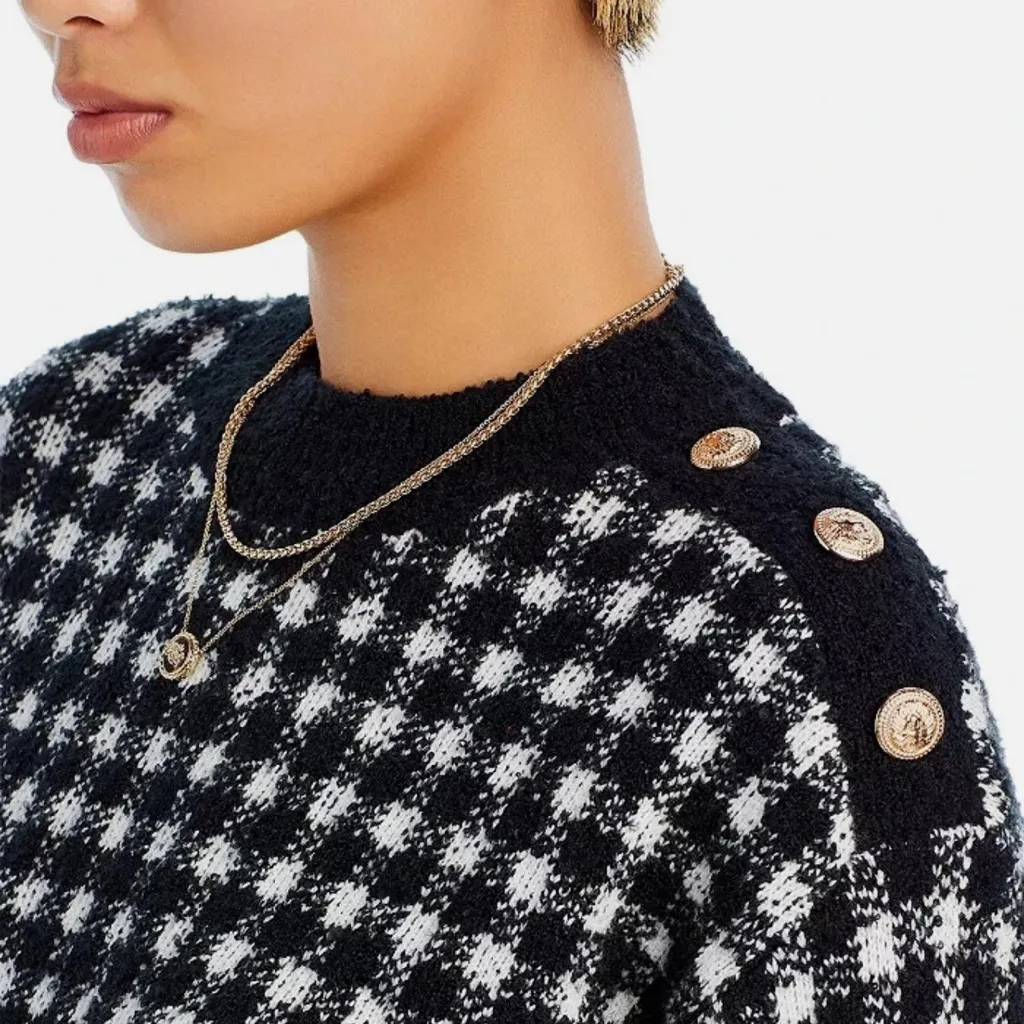 Aqua Black and White Checkered Gold Button Trim Sweater - Image 9
