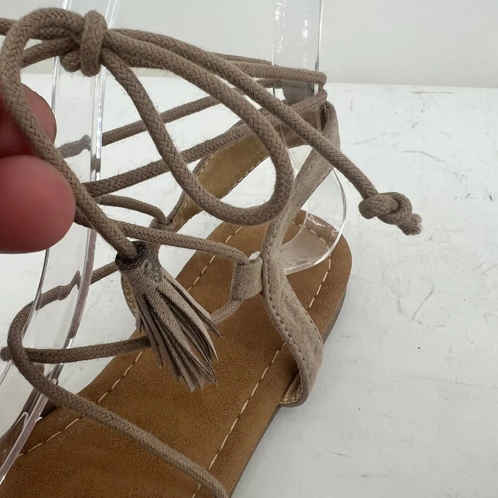 Boho Gladiator Womens US 7 Brown Faux Leather Suede Ankle Wrap Sandals Shoes - Image 8