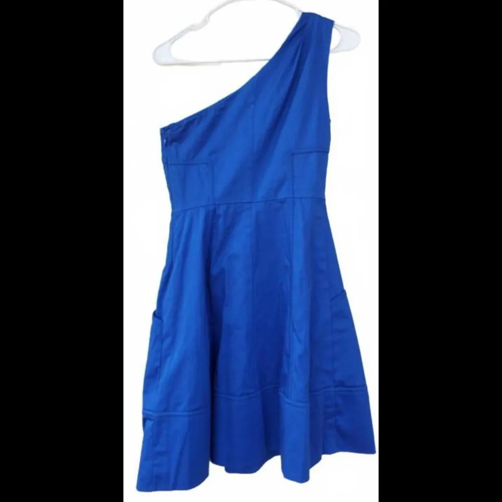One Shoulder Pockets Cotton Blue Cocktail Dress Size 6 - Image 3