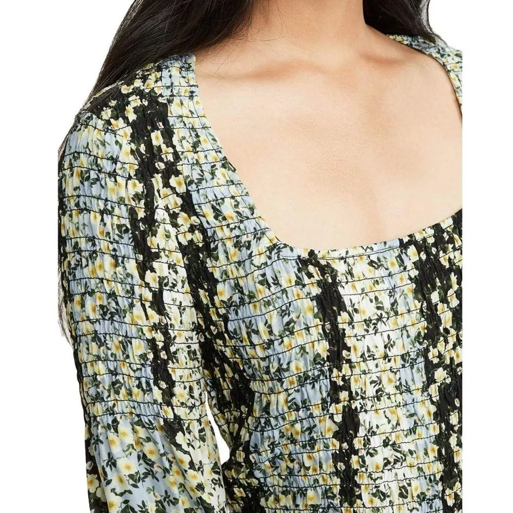 Parker NWT Dara Silk Blend XS Smocked Blouse Blue Gold Blossom Stripe Long Sleev - Image 4