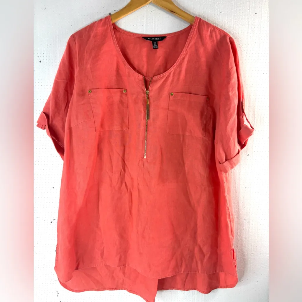 Ellen Tracy 1X Linen Button Up Sleeve Pocketed Tunic Top in Coral - Image 10