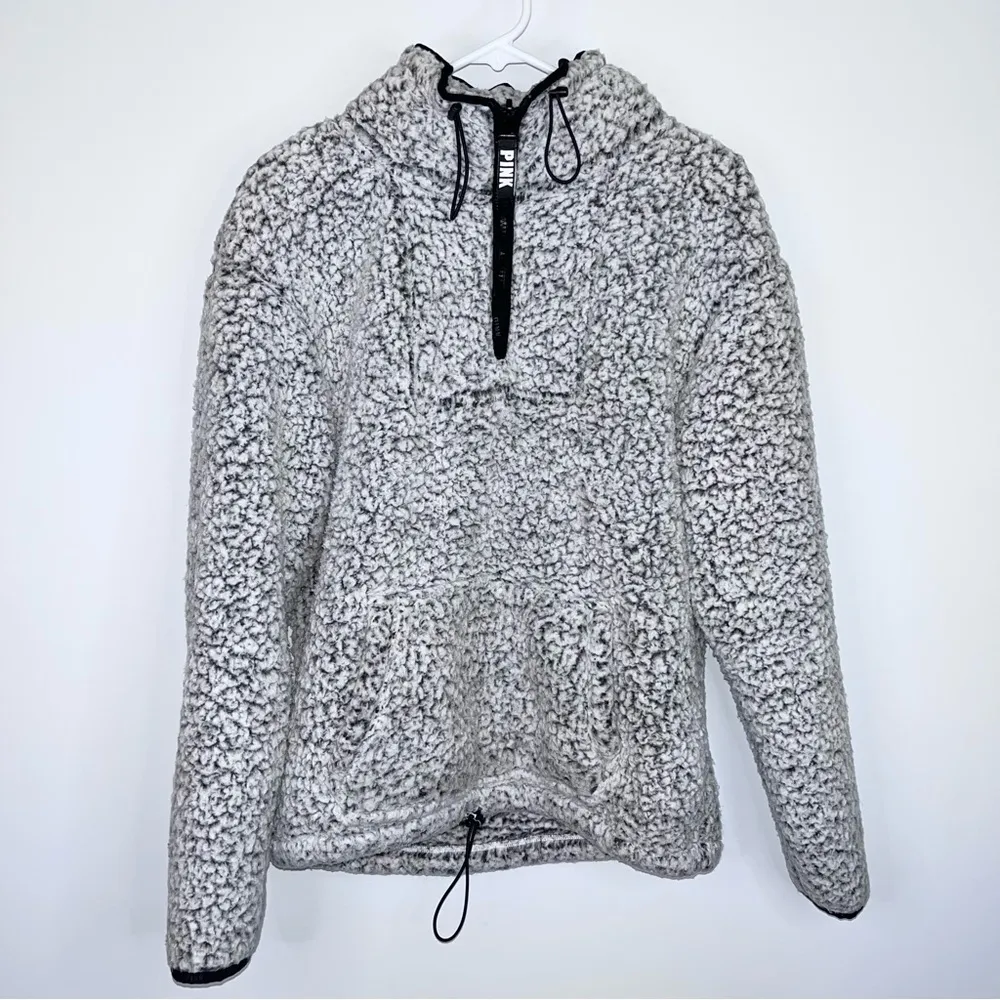 PINK VICTORIA’S SECRET White Black Fuzzy Sherpa Half Zip Pullover Medium - Image 10