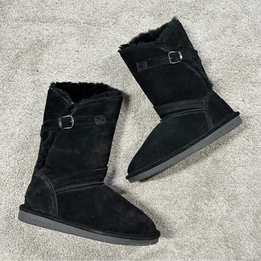 BearPaw Women’s Tatum Shearling Wool Sheepskin Lined Suede Boots in Black 10 - Image 3