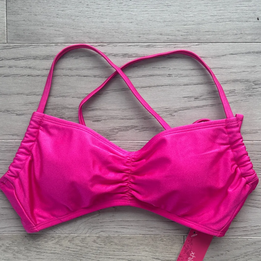 Xhilaration Shiny Pink Bikini Top Juniors Medium Tie-Crossback Bralette Swim New - Image 3