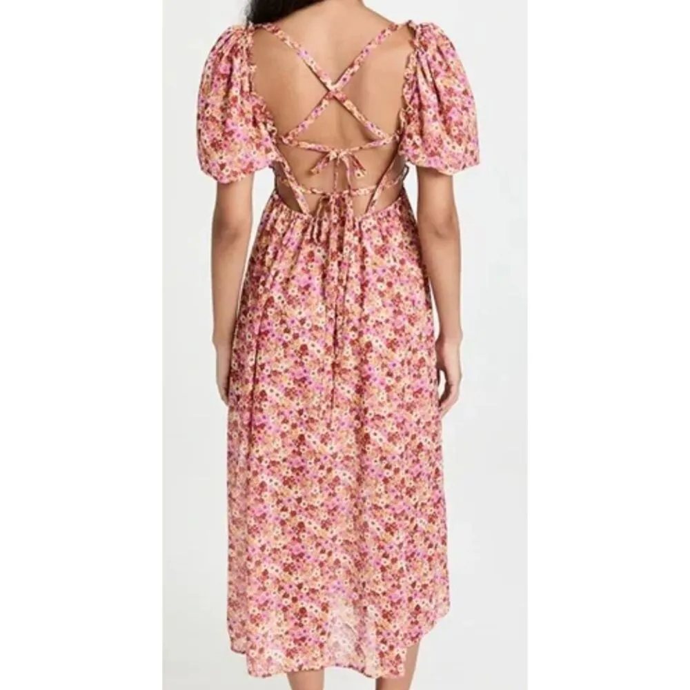 For Love and Lemons Felicia Midi Dress Pink Floral Puff Sleeve Size L - Image 2