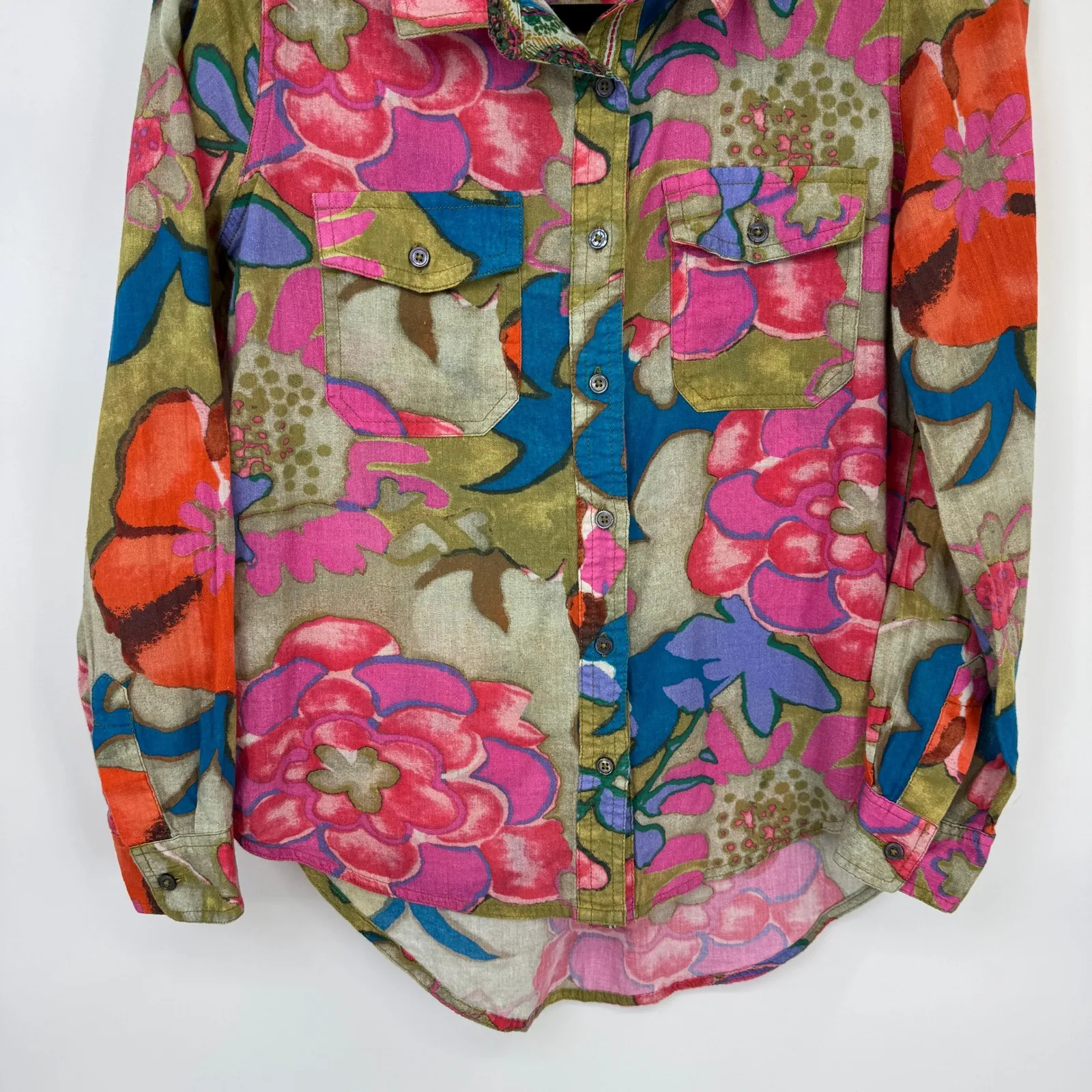 Sundance Button Down Shirt PXS Pink Green Cotton Abstract Floral Artsy - Image 3