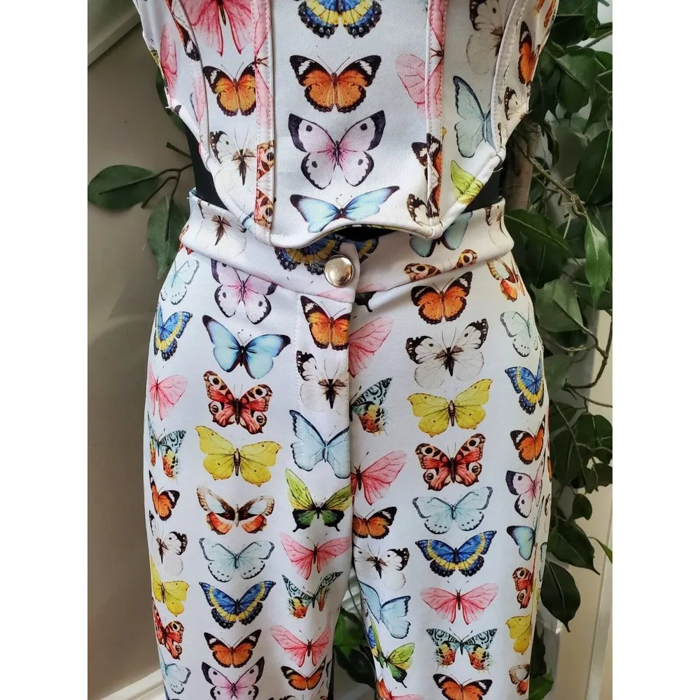Good Times USA White Butterfly Print Cropped Corset Top & Pants 2 Pc Size Small - Image 4