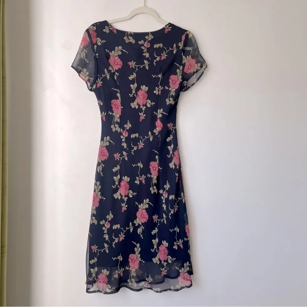 Vintage 90s Believe... Navy Floral Midi Dress 10 Blue - Image 4