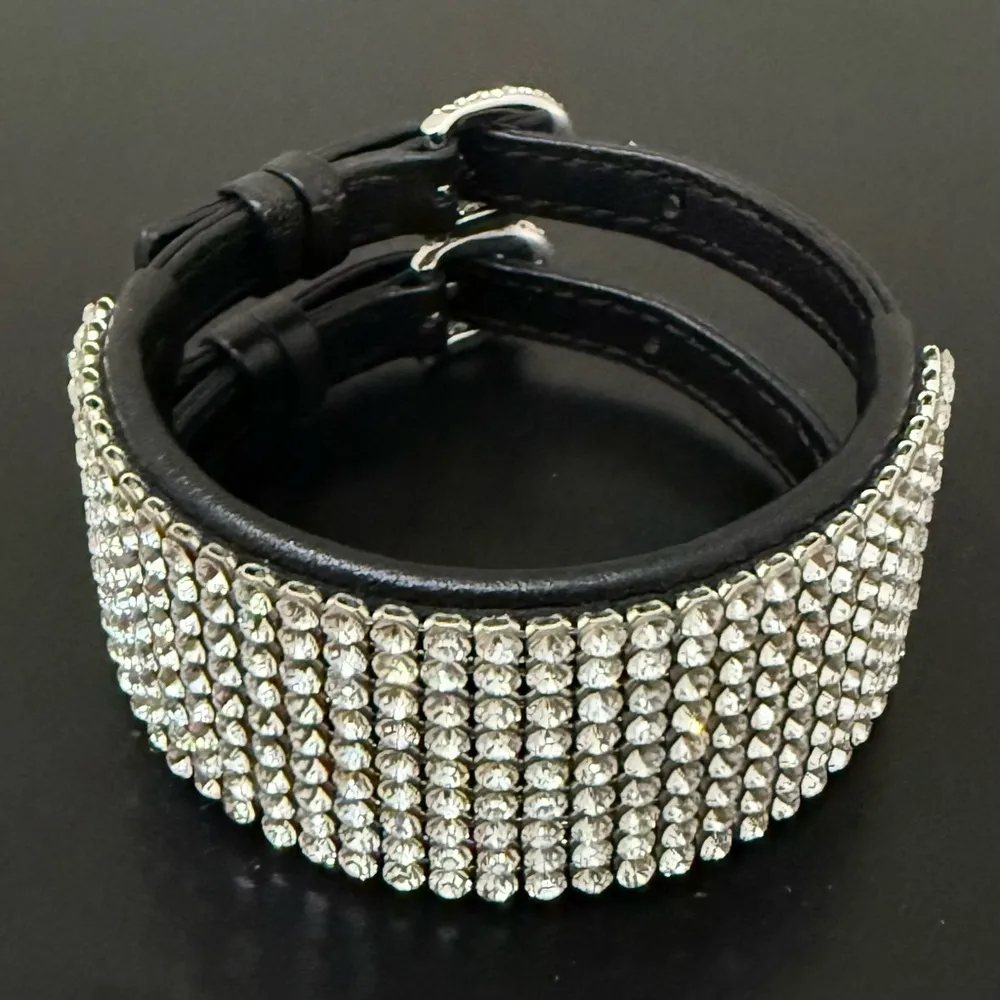 SWAROVSKI Swan Signed Crystal Rhinestones Leather Buckle Wide Cuff Bracelet 24g. - Image 2