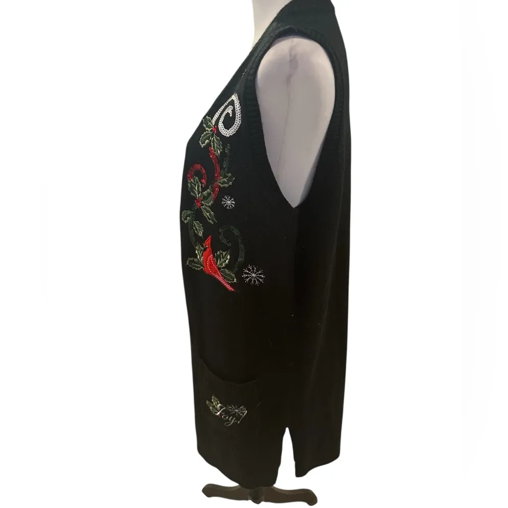 Holiday Time Women's 1X Black Sleeveless Cardigan with Festive Embroidery - Image 4