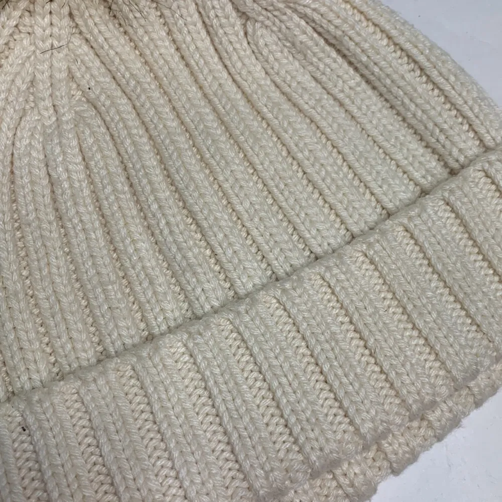 J Crew Cream Ribbed Knit Cream beanie with faux-fur pom-pom Hat - Image 2