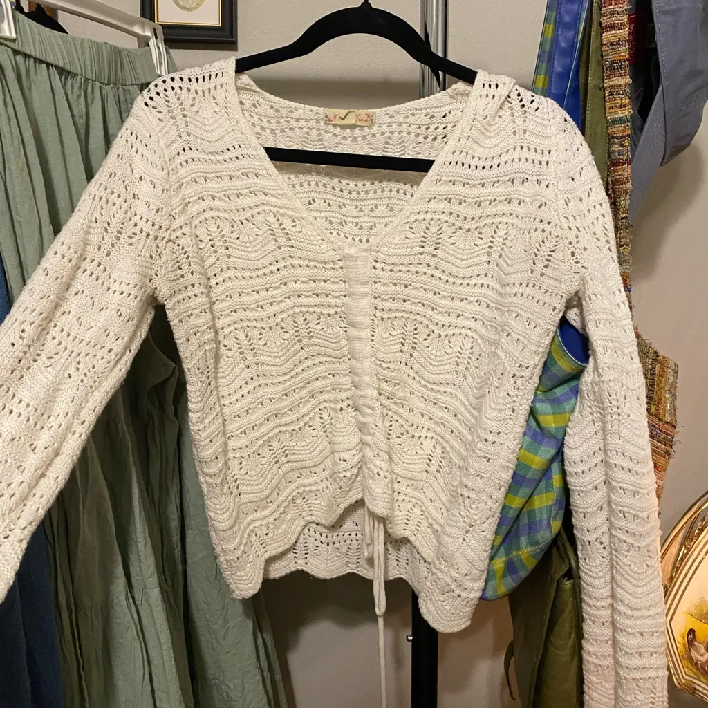 Crochet Open Knit Cream Crop Cinch Sweater Medium‎ Boho Indie Sleaze Dainty Cozy - Image 3