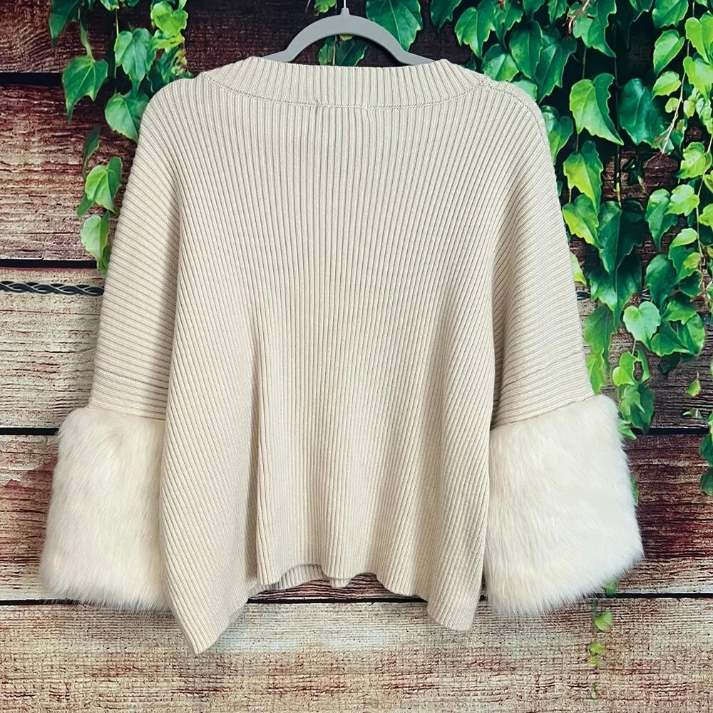 The Linen Duck Faux Fur Cuff Sweater Small Fits XL Ribbed Crewneck Boho Dolman - Image 5