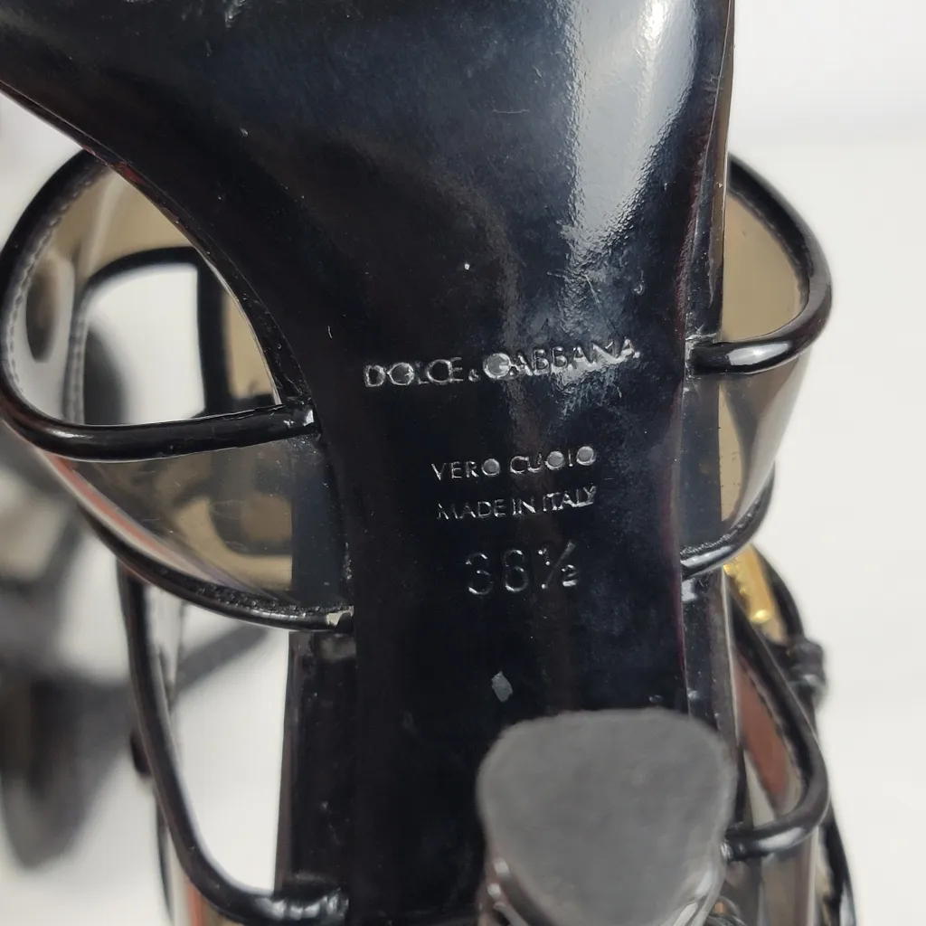 Dolce & Gabbana Black PVC And Leather Strappy Woven Detail Heel Sandals Sz 38.5 - Image 8