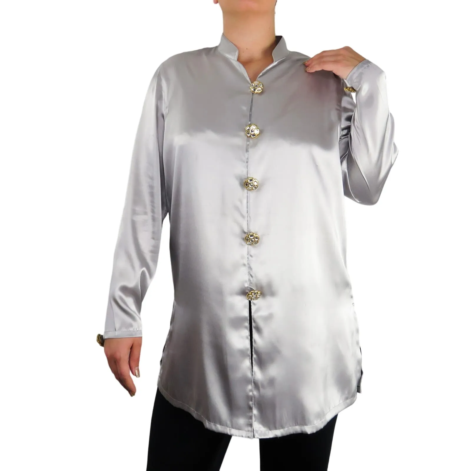 1980s Diane Von Furstenberg Vintage Silver Metallic Button Down Blouse Medium - Image 8