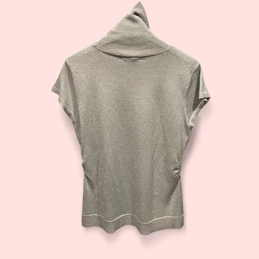 Cute sparkle metallic cap sleeve silk blend knit ruched sides turtleneck sweater Silver Size L - Image 3