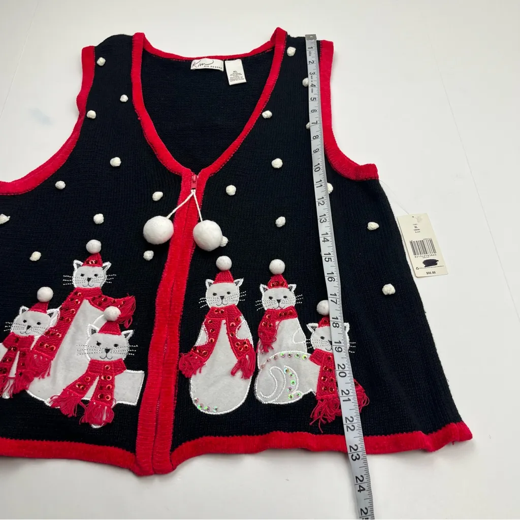 Kim Rogers Christmas Holiday Winter Festive Cat Knit Vest XL Black Red NEW *FLAW - Image 7