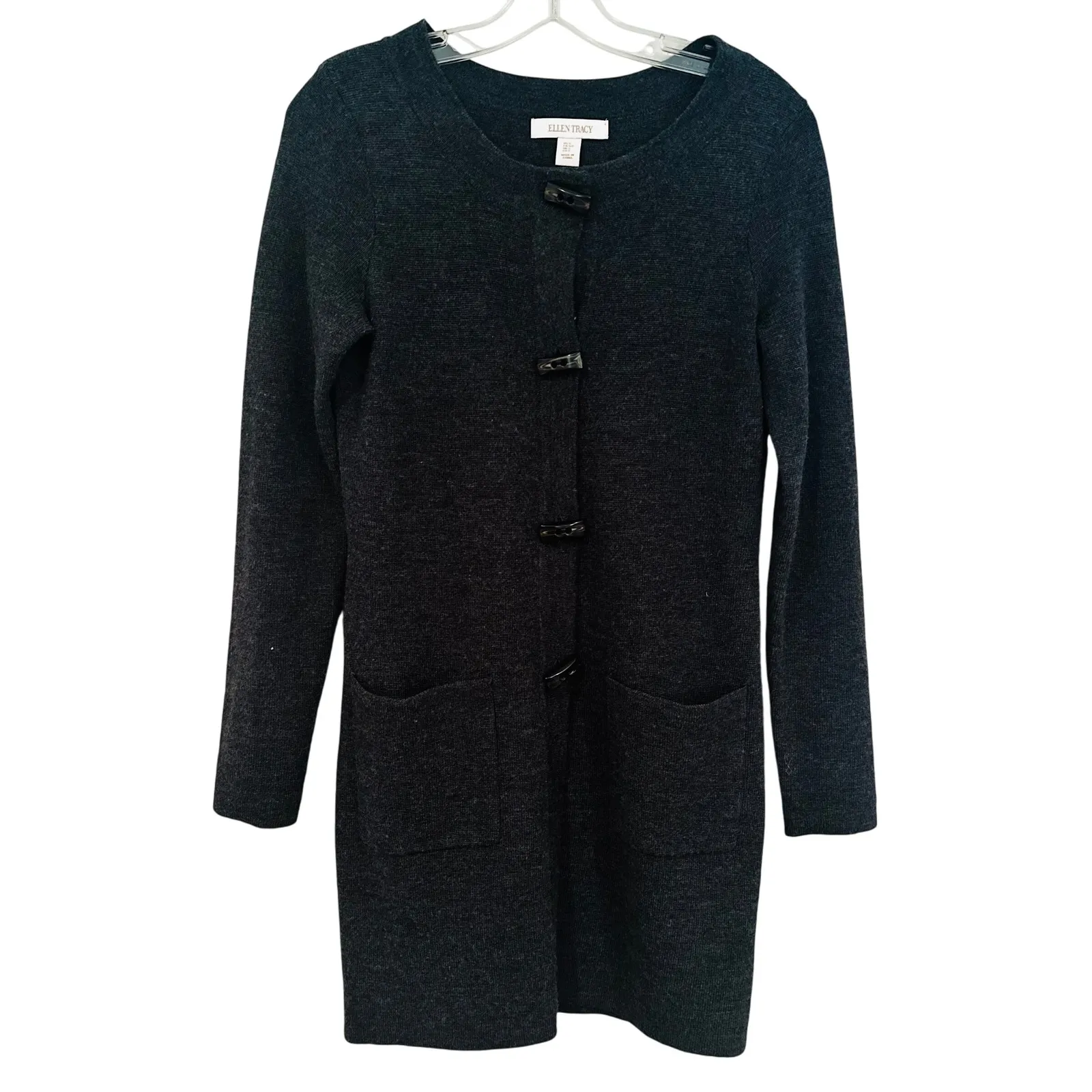 Ellen Tracy Wool Cardigan Sweater Women's Small Charcoal Career Classic Preppy - Image 3