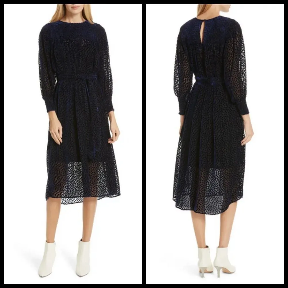 💕THE GREAT💕 The Merry Dress ~ Navy Blue Velvet Burnout Polka Dot Midi M NWT - Image 6