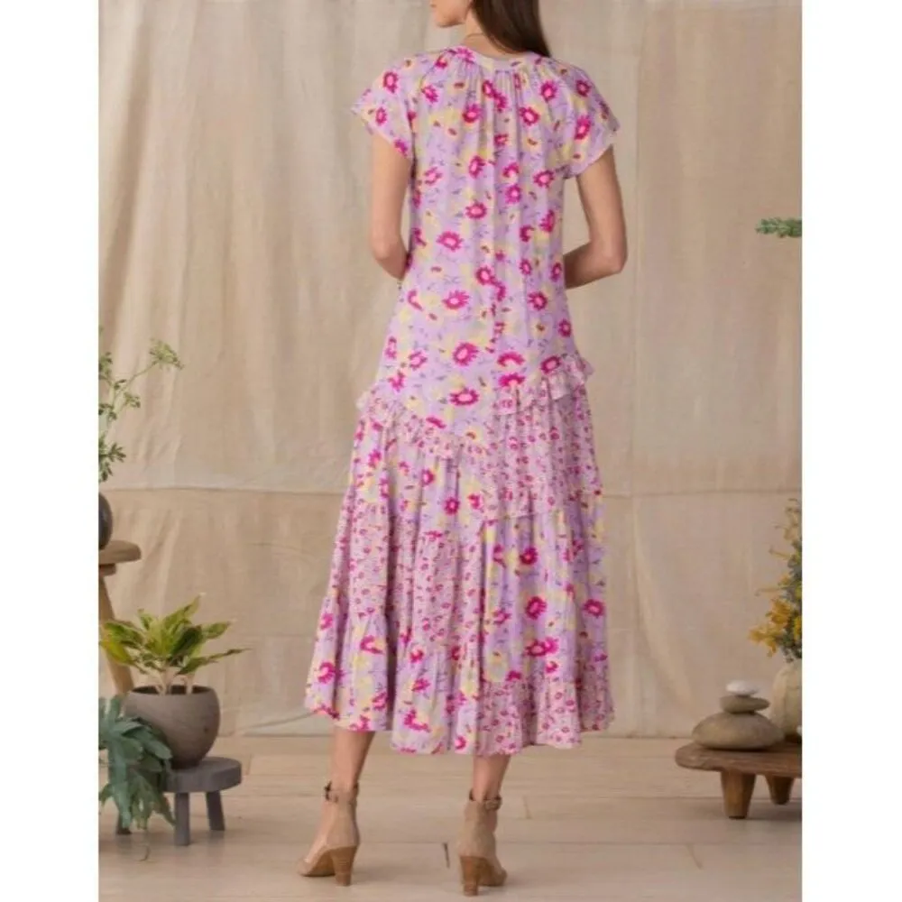 Sundance Pretty Petals Tiered Ruffle Purple Floral Maxi Dress Cotton Size Medium - Image 4