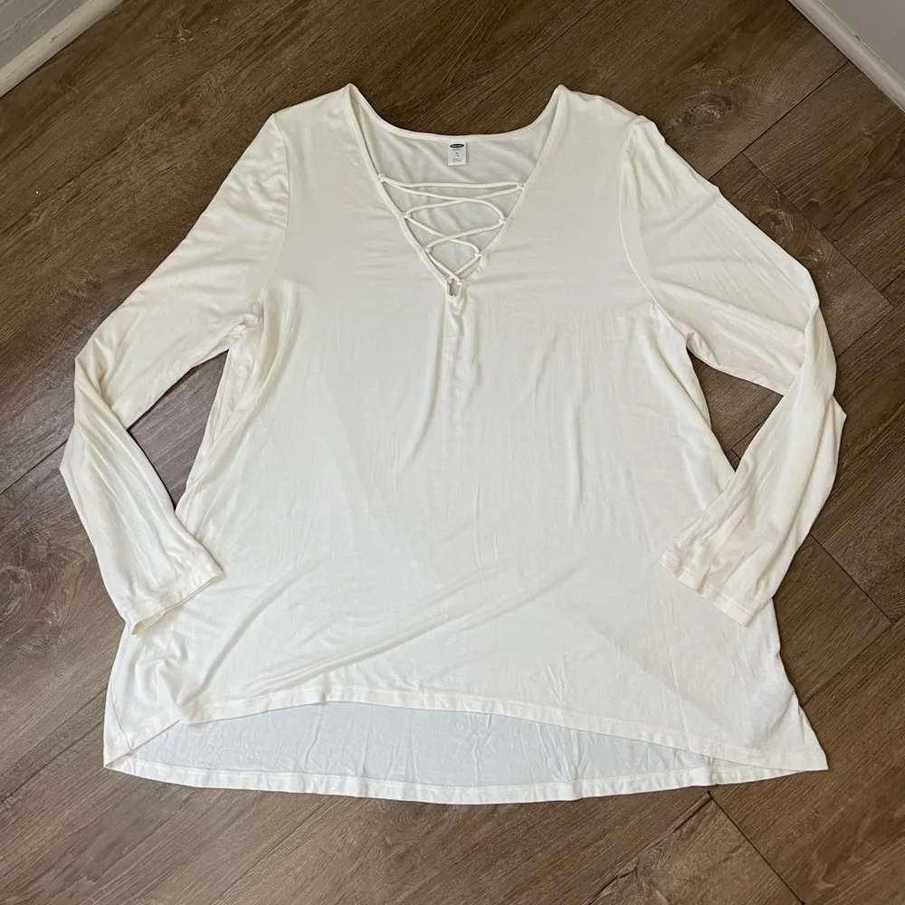 Old Navy Cream Long Sleeve Lace Up Viscose Spandex Swing Top Blouse ~ Size XL - Image 3