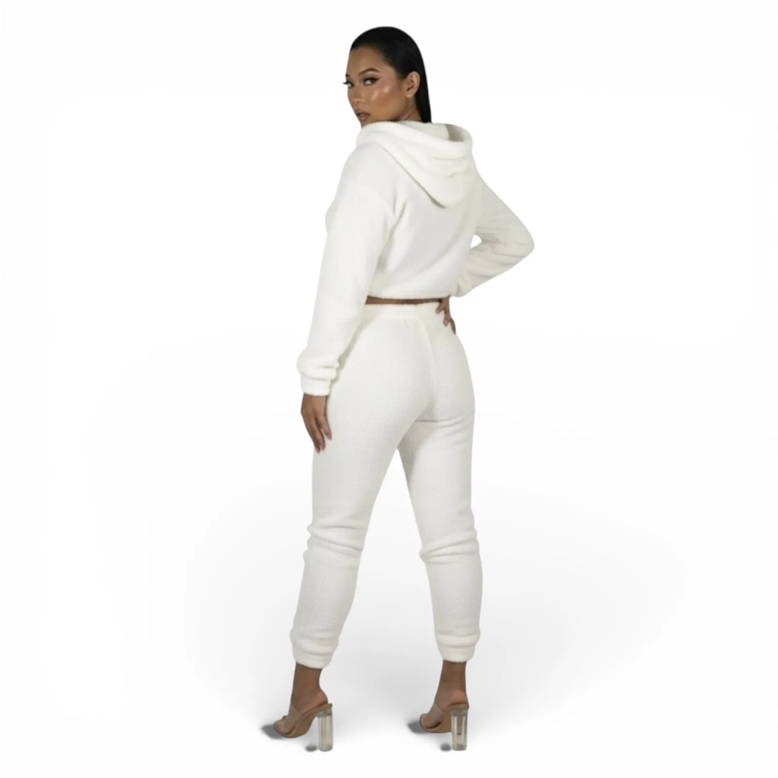 NWT Parisian Crop Sherpa Hoodie Jogger Set Womens 12 White Lounge Cozy Neutral - Image 2