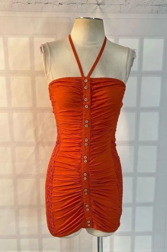 FREE PEOPLE WOMEN'S HOLD ON burnt orange smocked MINI DRESS size xs - Image 3