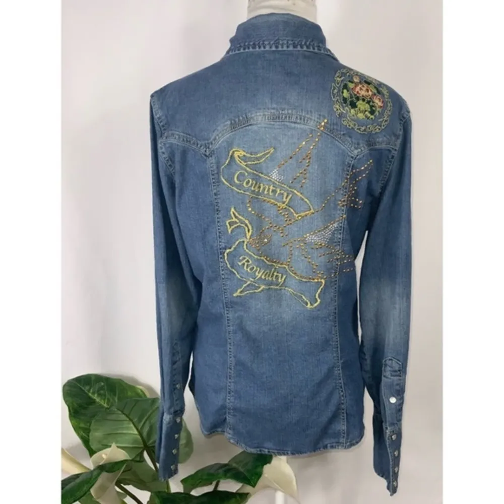 Country Royal Denim Floral Embroidered & Studded Birds Long Sleeve Shirt Medium - Image 6