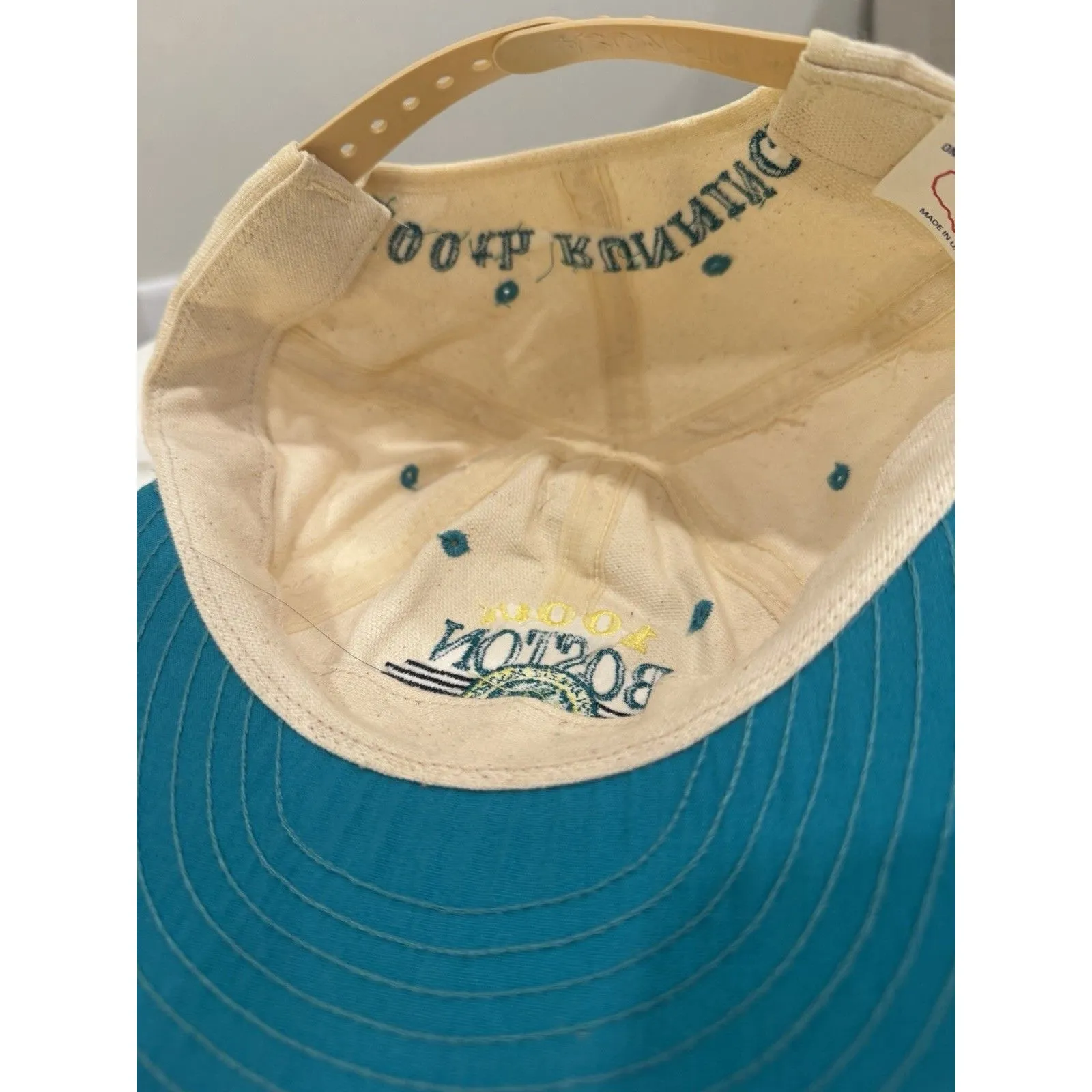1996 Boston Marathon 100th Anniversary Cap Vintage Teal Cream Snapback Hat Cap - Image 6