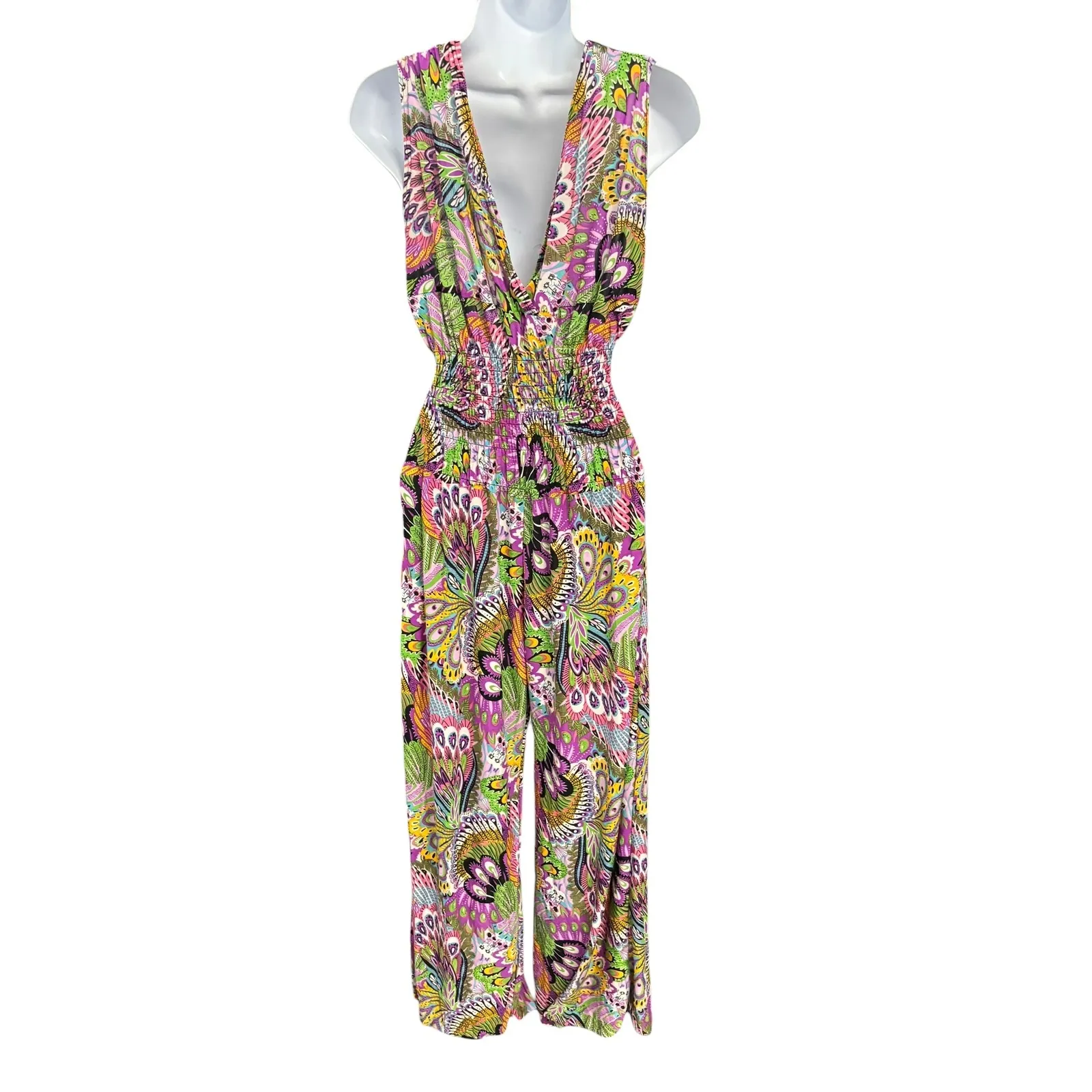 Womens Vibrant Abstract Print Jumpsuit Wide Leg Smocked Waist V Neck Boho L Purple Size L - Image 2
