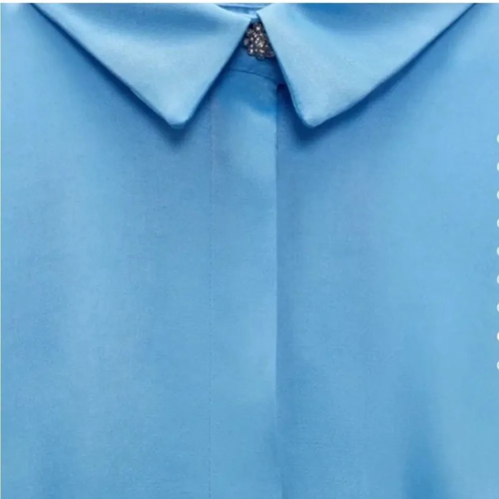 NEW ZARA sky blue Satin Button Up Mini Dress with Gem Detailing - Image 4