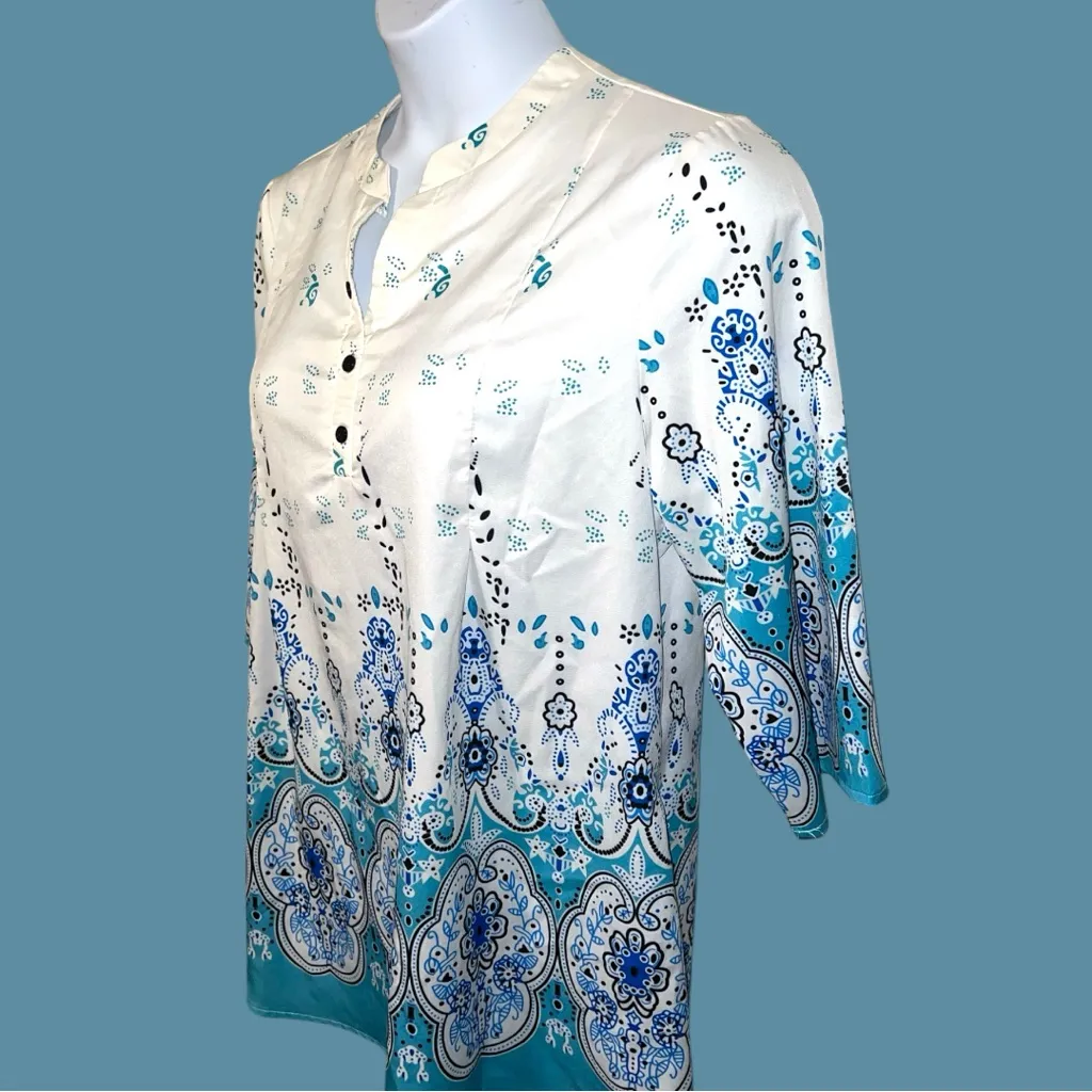 Blue and Cream Women's tunic Top White Size undefined - Image 3