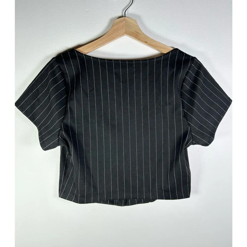Hollister Striped Faux Button Front Square Neck Top L - Image 6