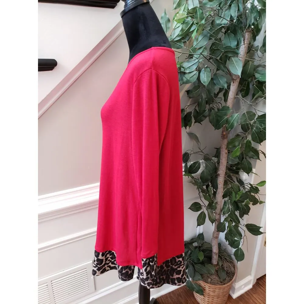 Reborn J Top Blouse Women's Large Red Animal Print Long Sleeve Round Neck Slit - Image 10