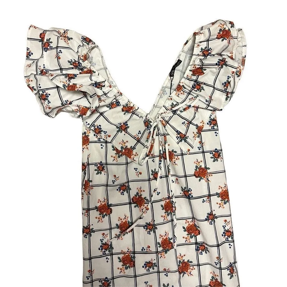 NWT Zara Floral Windowpane Floral White Ruffle Sleeve Midi Dress Chic Sz S - Image 9