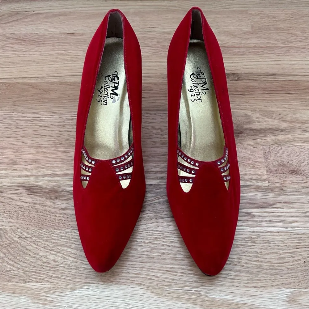 Vintage The PM Collection by 925 ~ Red Velvet Dress Pumps Jeweled ~ Size 9.5 - Image 2