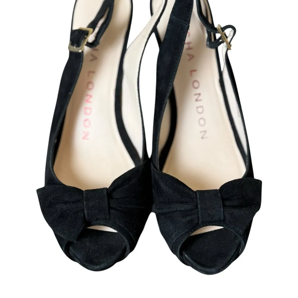 Sacha London Black Suede Leather Peep Toe Slingback Heels Bow Size 6 Evening - Image 8