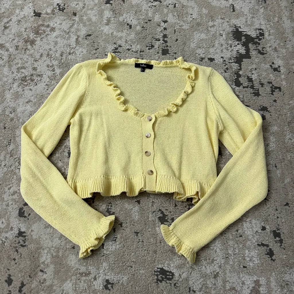 Lulus Impressively Sweet Light Yellow Ruffled Cropped Cardigan Size Large - Image 2