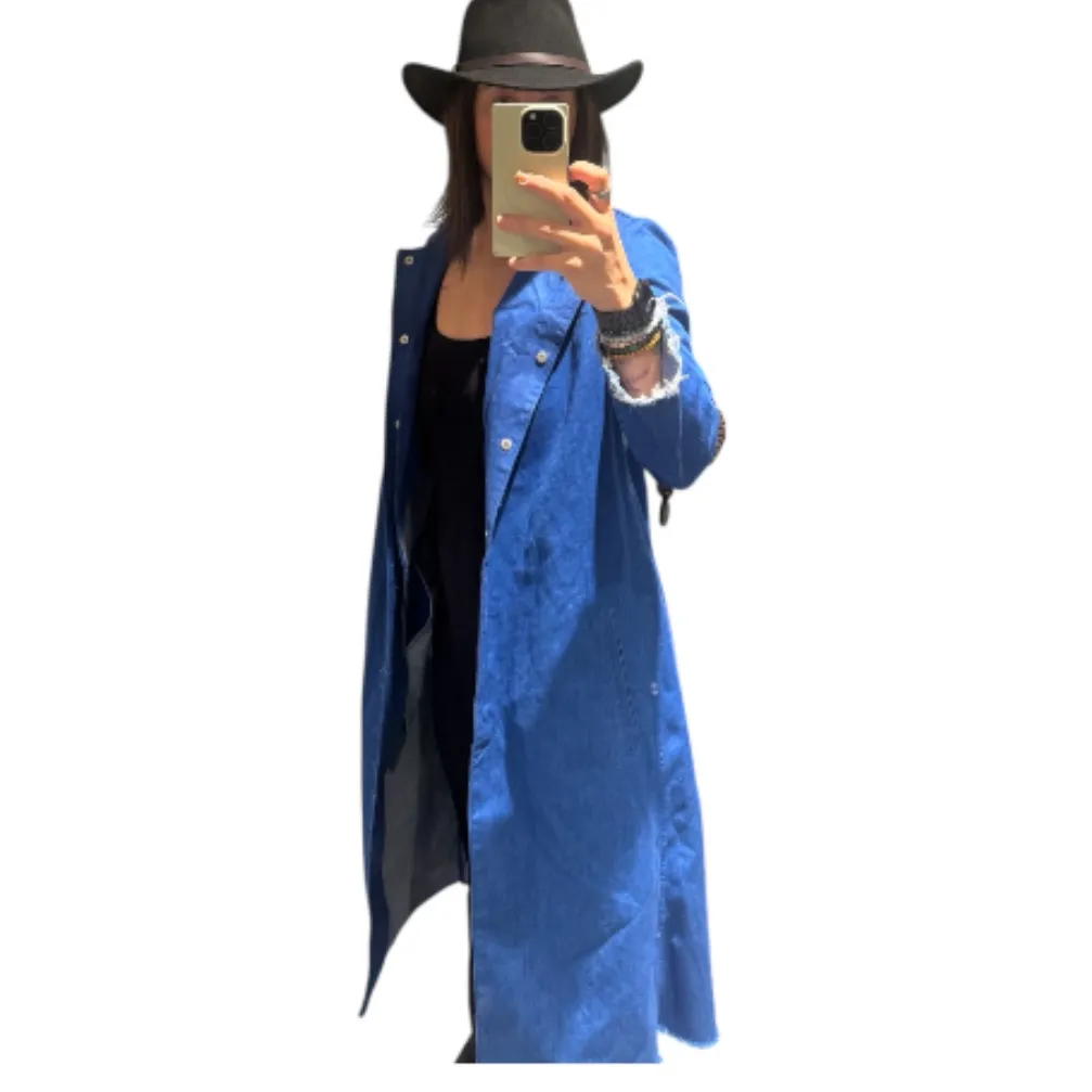 ZARA Blue Jean Jacket longline collarless denim duster small - Image 13