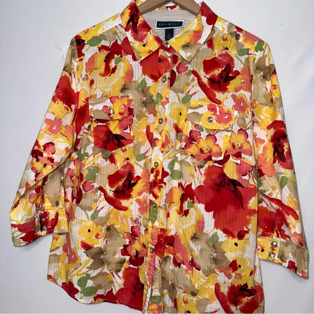Floral Print 3/4 Sleeve Karen Scott Collared Button Down‎ Blouse - Image 3