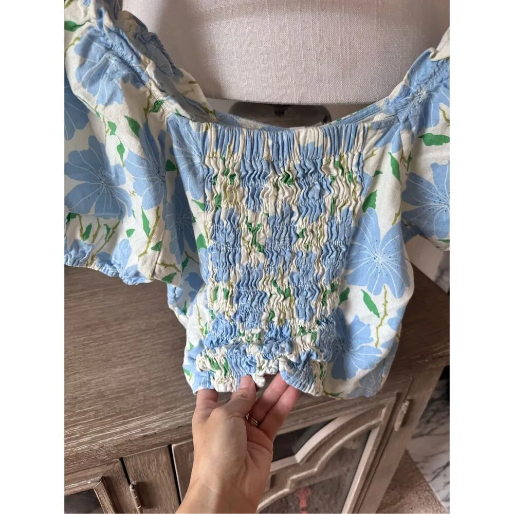 Who What Wear Linen Blend Floral Crop Top Peasant Bohemian Cottagecore Preppy Si - Image 6