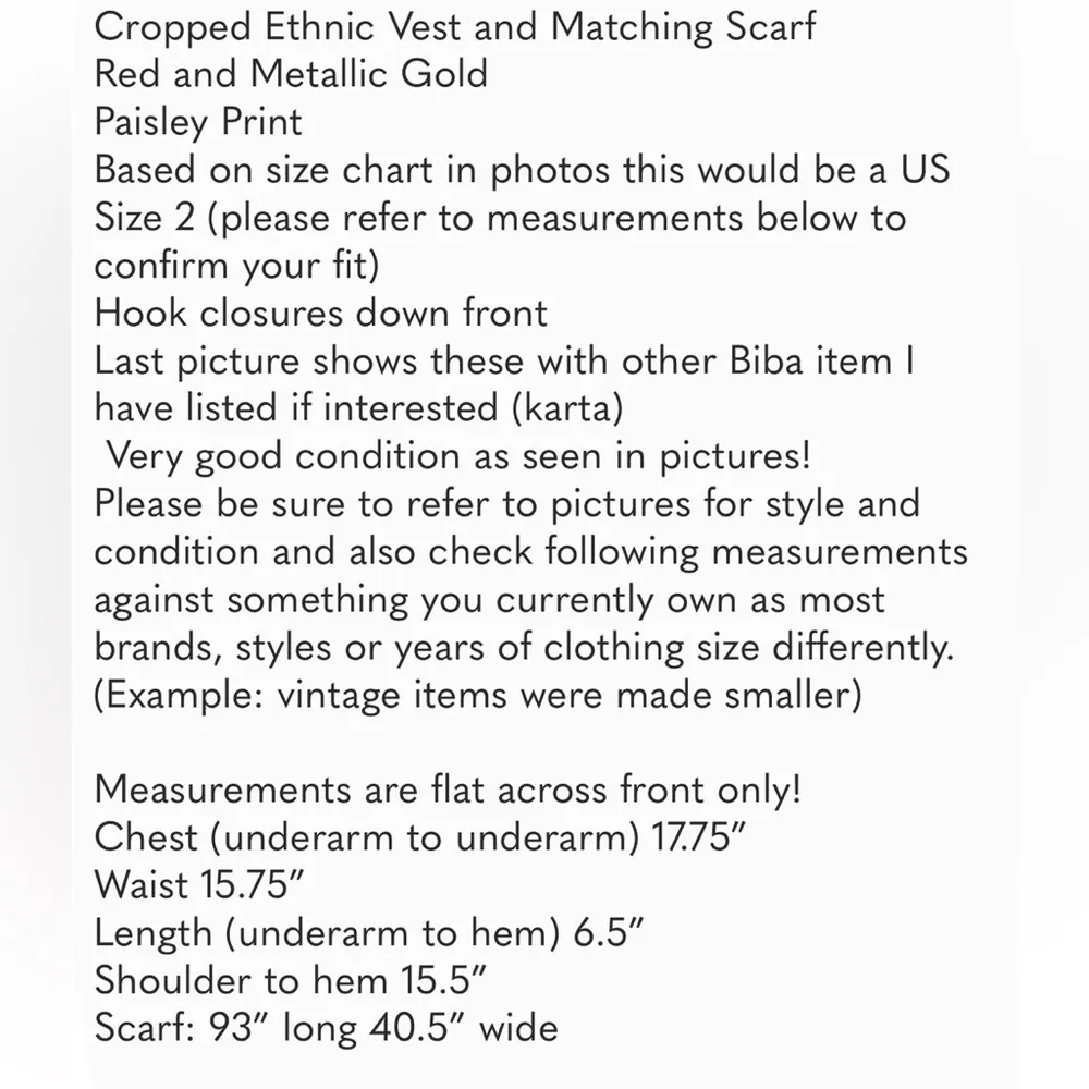 3 Piece Set Red Gold Karta Tunic Thigh Slit Matching Vest and Scarf 32 34 US 2 4 - Image 16