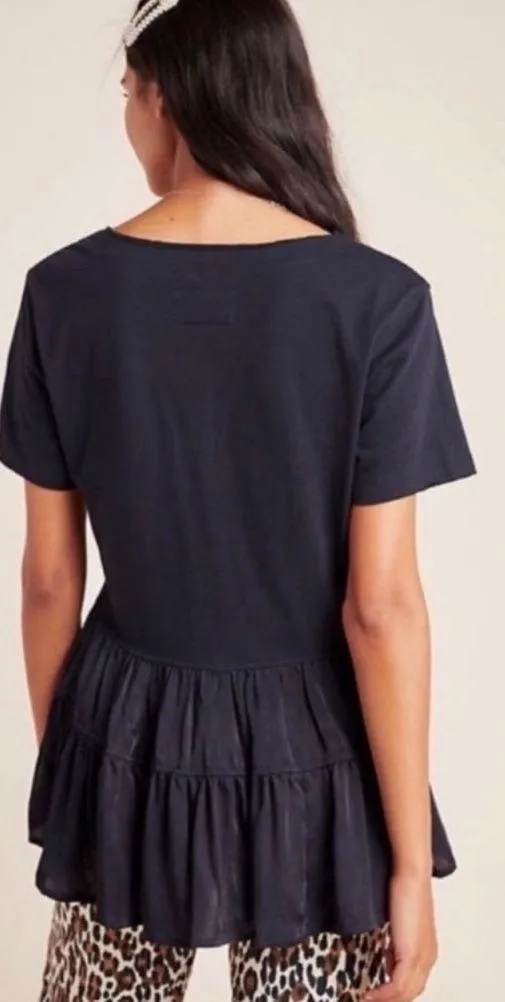 Anthropologie Maeve Black V-neck Louisa Tiered Peasant Babydoll Tee Shirt Top XS - Image 2