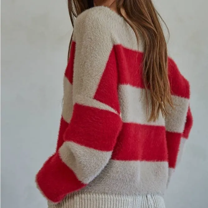 NWT By Together Striped Fuzzy Knit V-Neck Sweater in Red and Taupe - Size S - Image 2